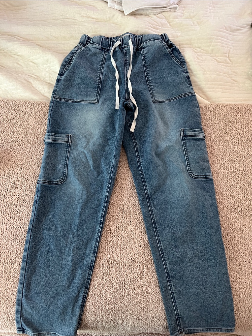 SO Kids Blue Denim Cargo Joggers with White Drawstring